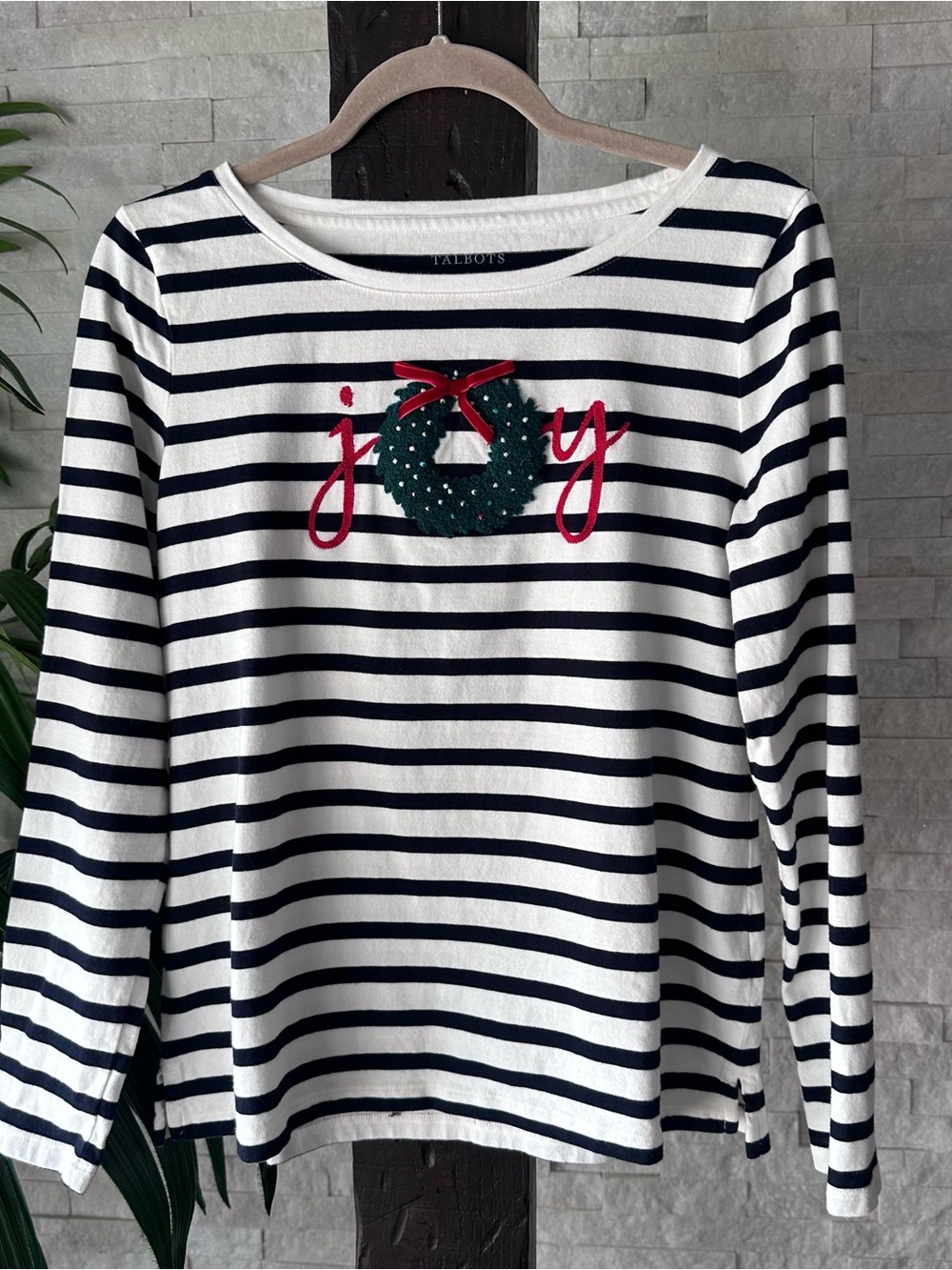Talbots Navy & White Striped 'Joy' Christmas Wreath Cotton Top Size Small
